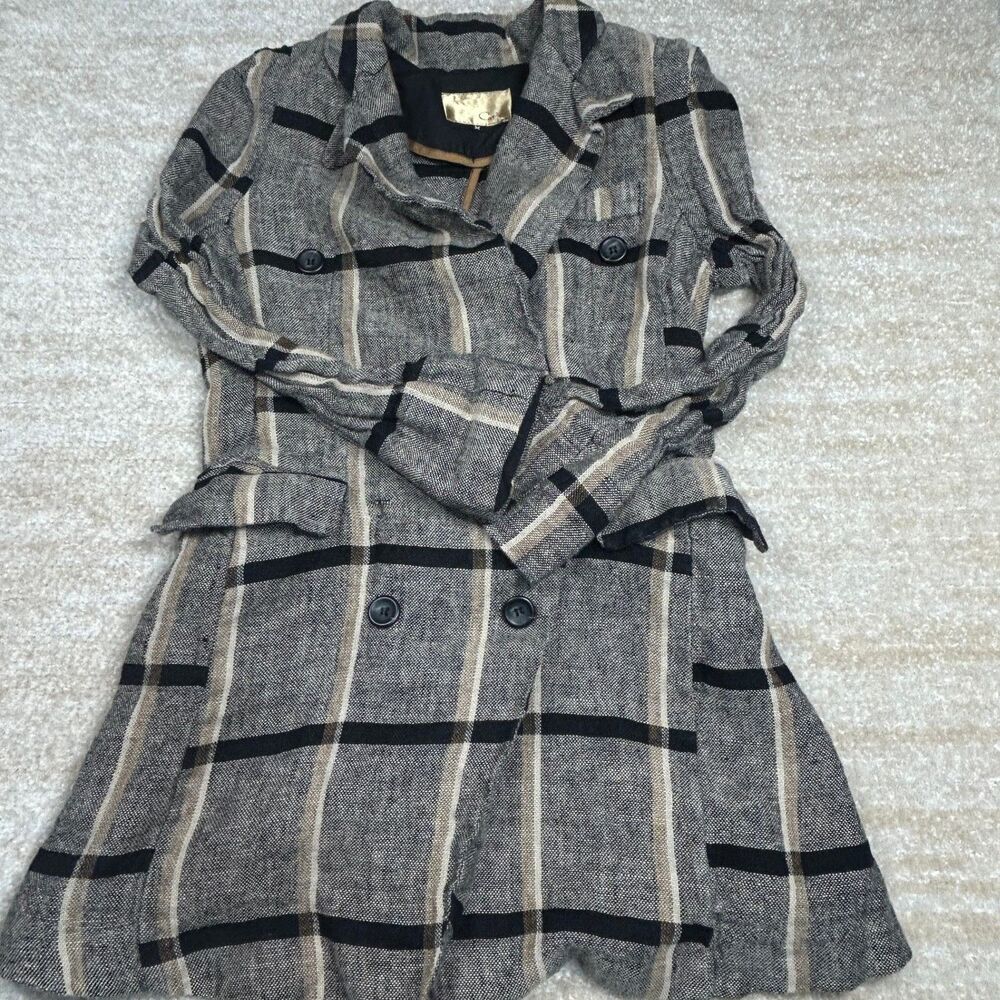 Cats Blazer Womens M Plaid Double Breasted Lightweight Jacket Gray Tan Coat